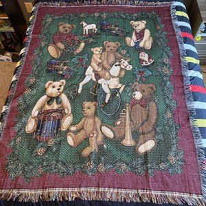 Vintage Throw Blanket Woven Tapestry Bears and Toys Christmas.